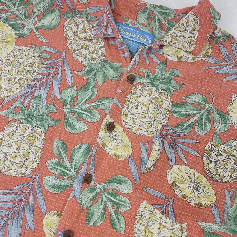 Bermuda Bay 100% Silk Men's XL‎ Button Up Shirt Pineapple Hawaiian Camp Tropical